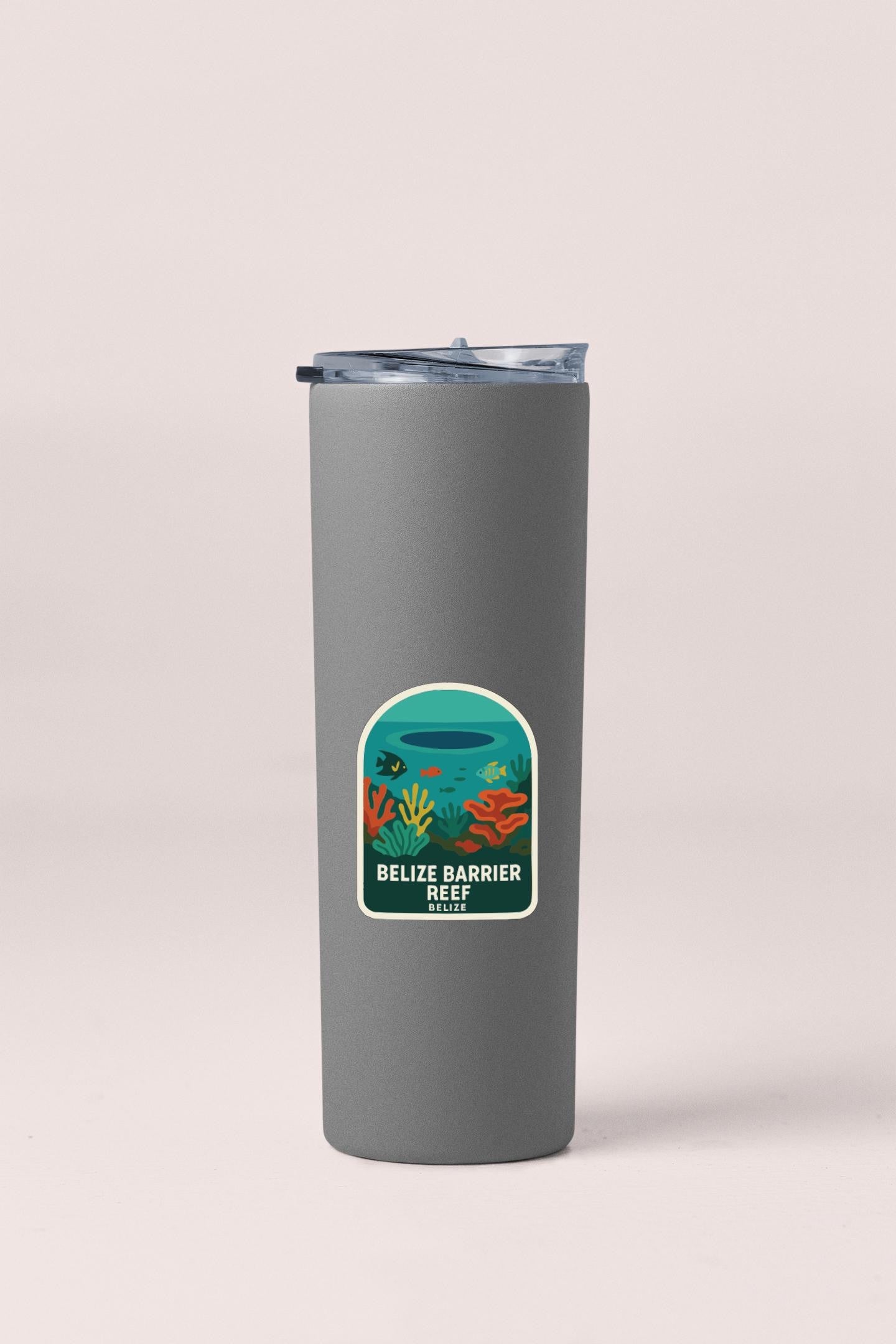 A gray insulated tumbler with a label that says "Belize Barrier Reef Belize" and features an illustration of underwater coral and marine life.
