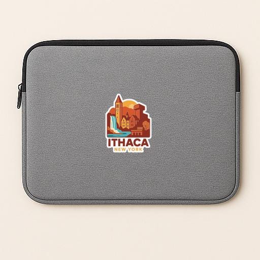 A gray laptop sleeve with a graphic design featuring an illustration of a cityscape and the text "Ithaca New York" printed on it.
