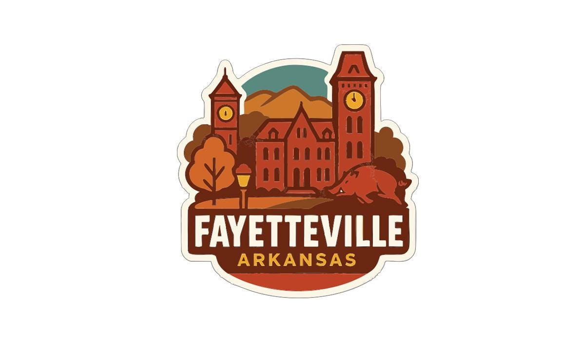 a stylized illustration of a cityscape with a clock tower, buildings, and a pig, representing the town of Fayeville, Arkansas.