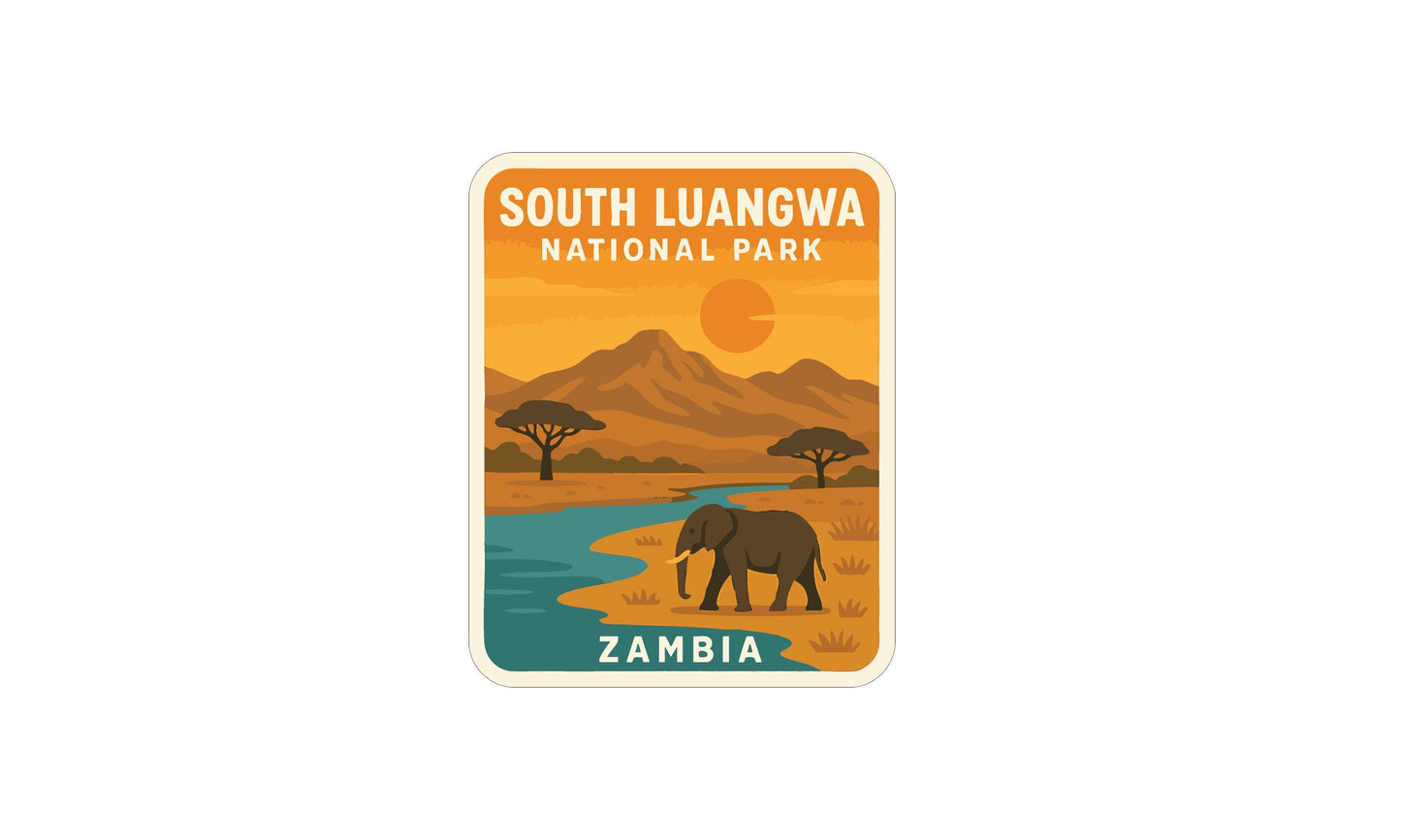 an illustration of a landscape with a river, mountains, and an elephant, along with the text "SOUTH LUANGWA NATIONAL PARK ZAMBIA".