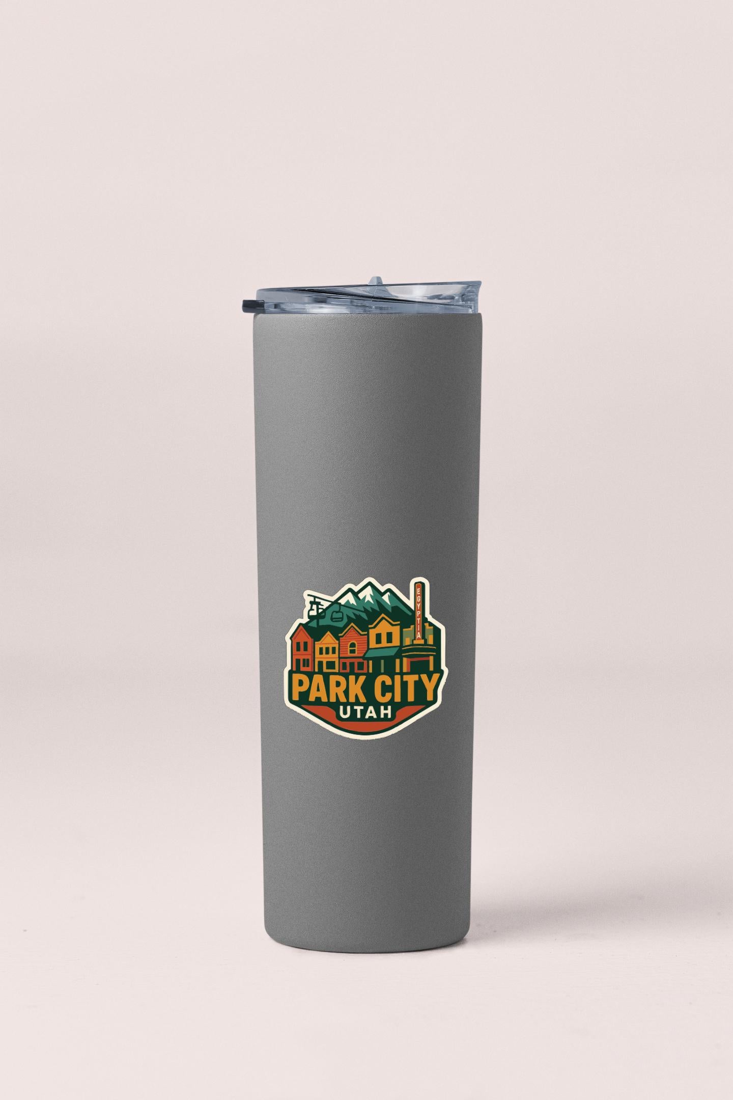 A gray insulated tumbler with a logo that says "Park City Utah" on it.