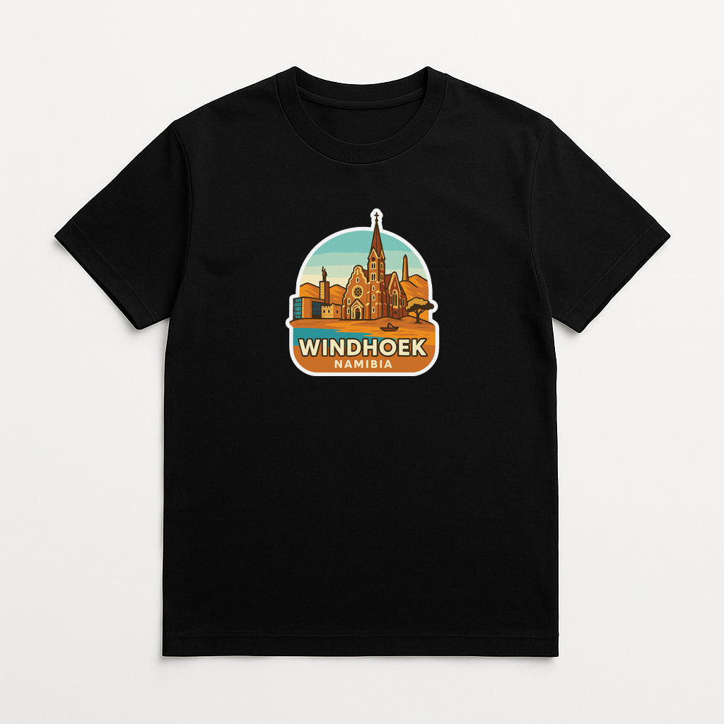 A black t-shirt with a graphic design depicting the Windhoek skyline in Namibia.