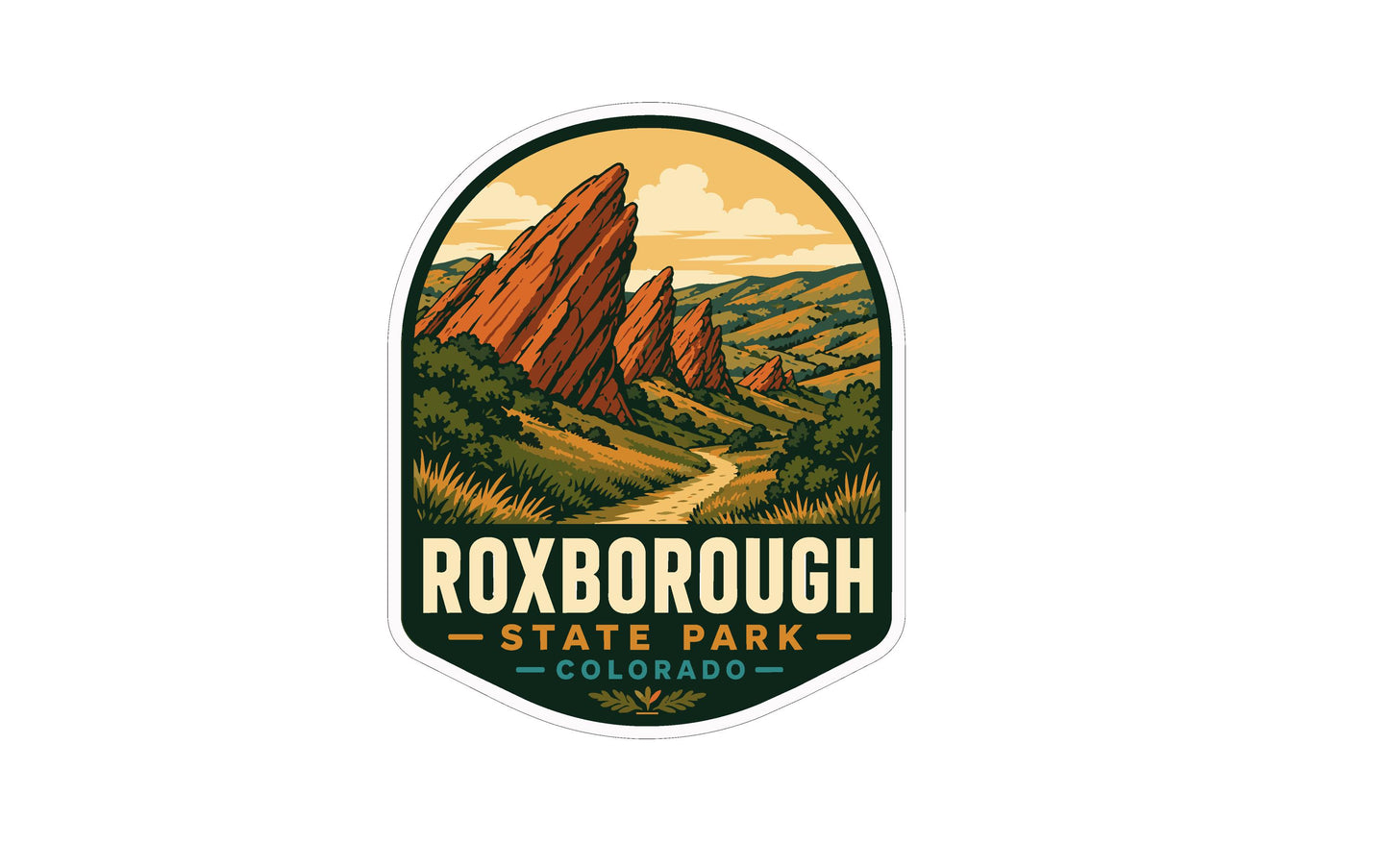 A sticker or emblem featuring a scenic landscape with mountains, a winding road, and lush vegetation, with the text "Roxborough State Park - Colorado" prominently displayed.