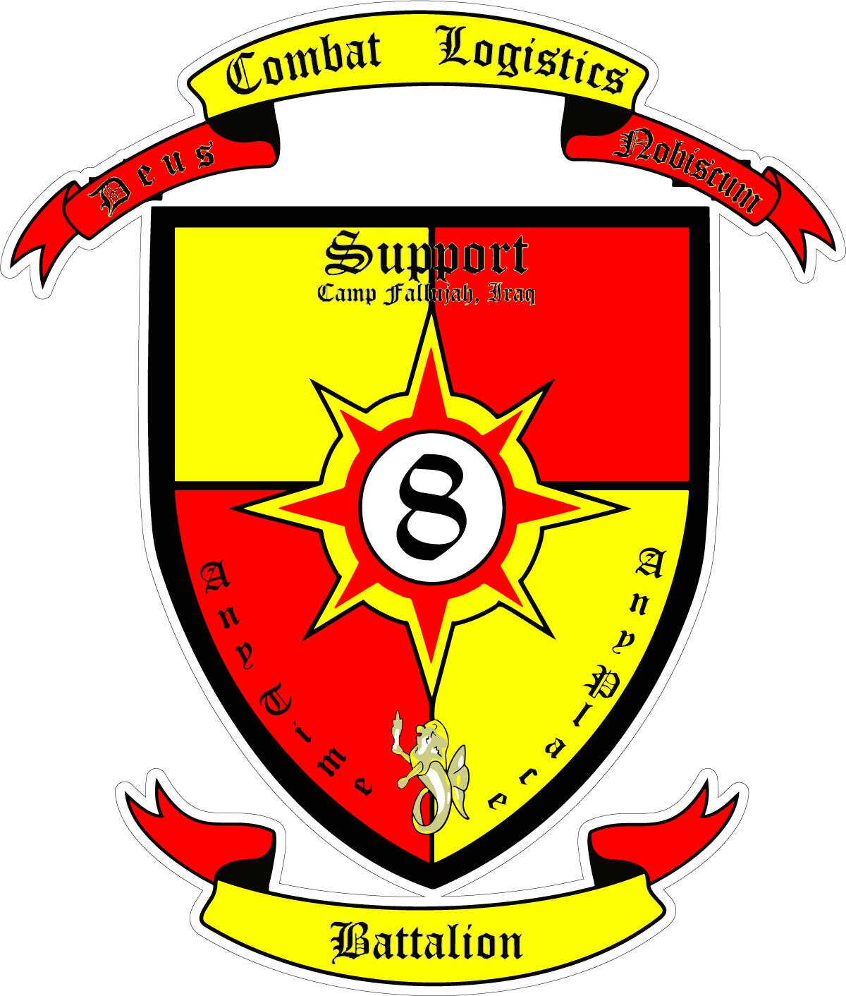 a red and yellow shield with a number eight on it