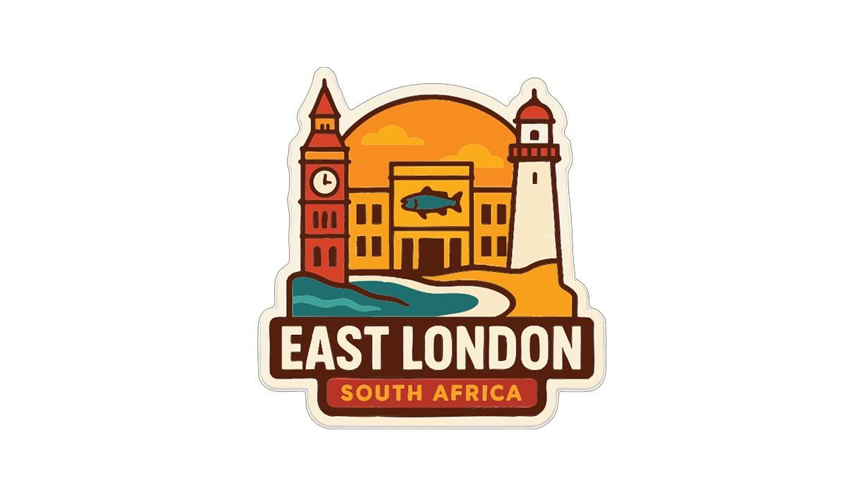 a stylized illustration of a landmark, likely East London, South Africa, with a clock tower and a lighthouse.