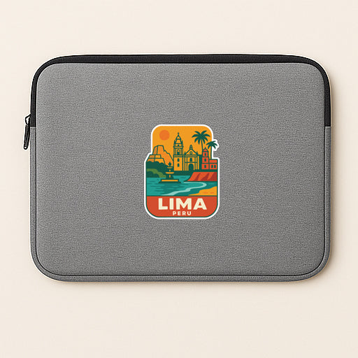 A gray laptop sleeve with a colorful sticker depicting a cityscape and the text "LIMA PENU" printed on it.