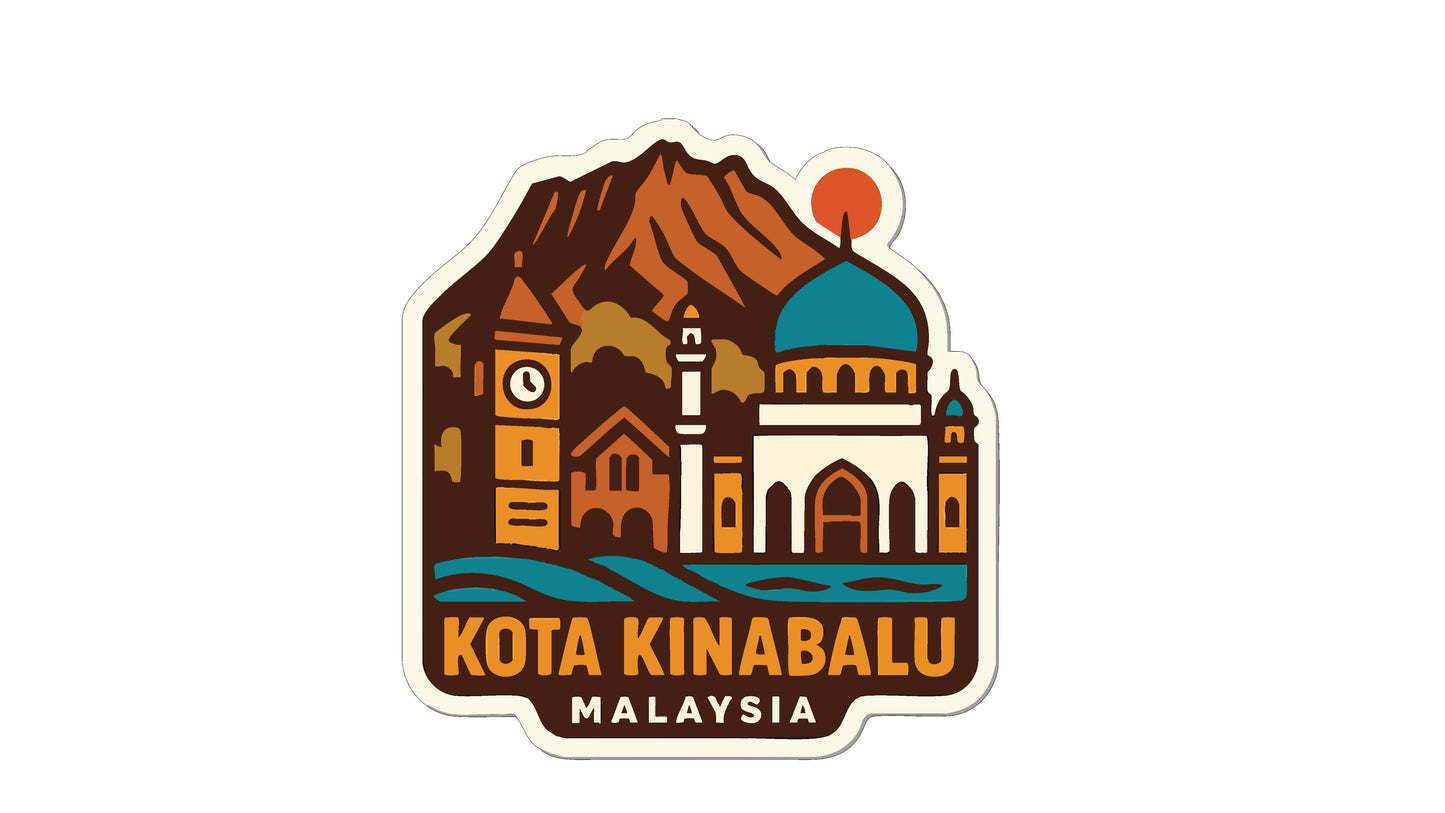 A sticker depicting the skyline of Kota Kinabalu, Malaysia, with a mountain in the background and various buildings and landmarks.