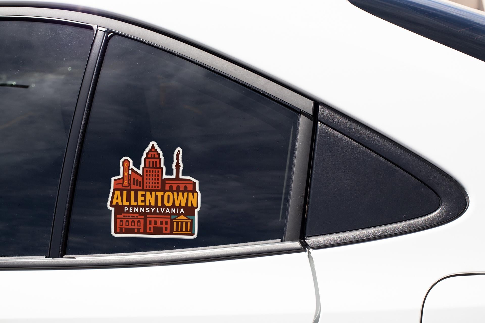 A sticker on the side of a car window that says "ALLENTOWN PENNSYLVANIA".