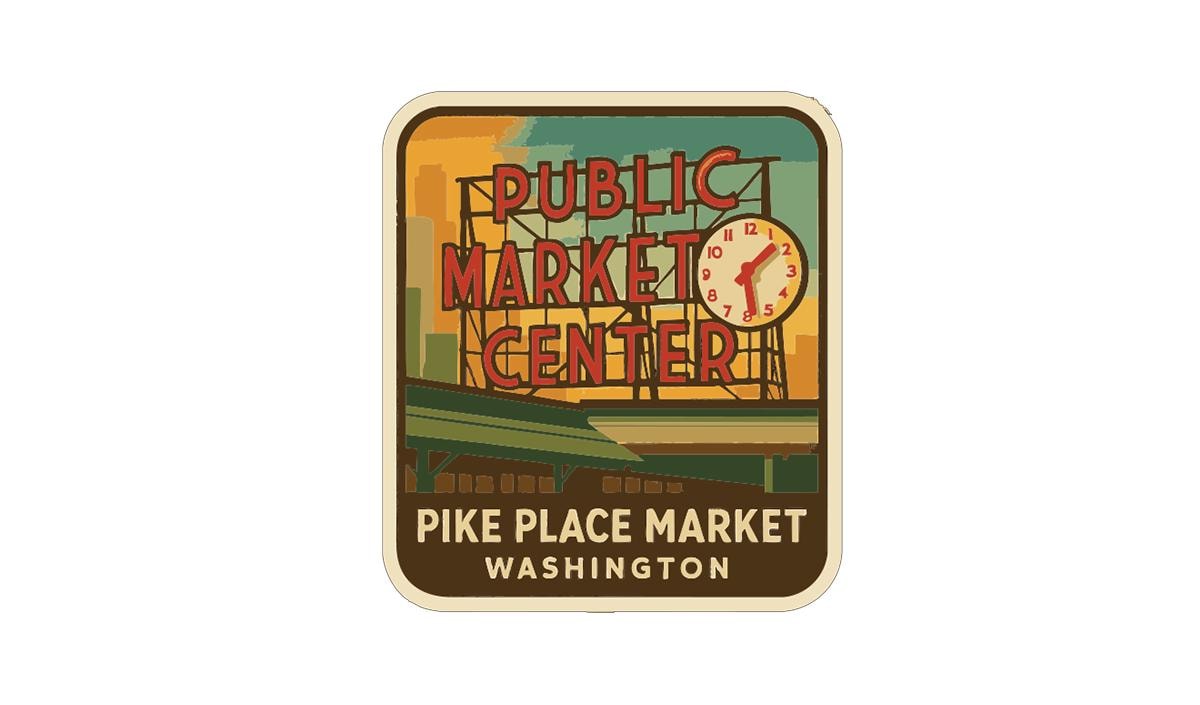 a sign for the Pike Place Market in Washington, with a clock and a cityscape in the background.