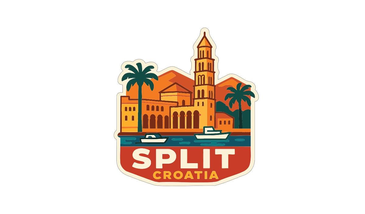 a sticker or emblem with a cityscape and a tall tower, along with palm trees and boats, representing the city of Split, Croatia.