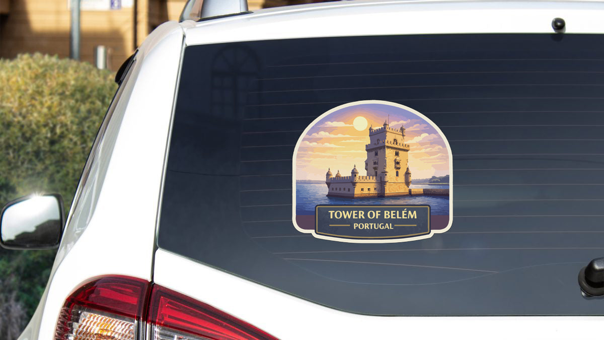 A sticker on the rear window of a car that features the Tower of Belém, a famous landmark in Portugal.