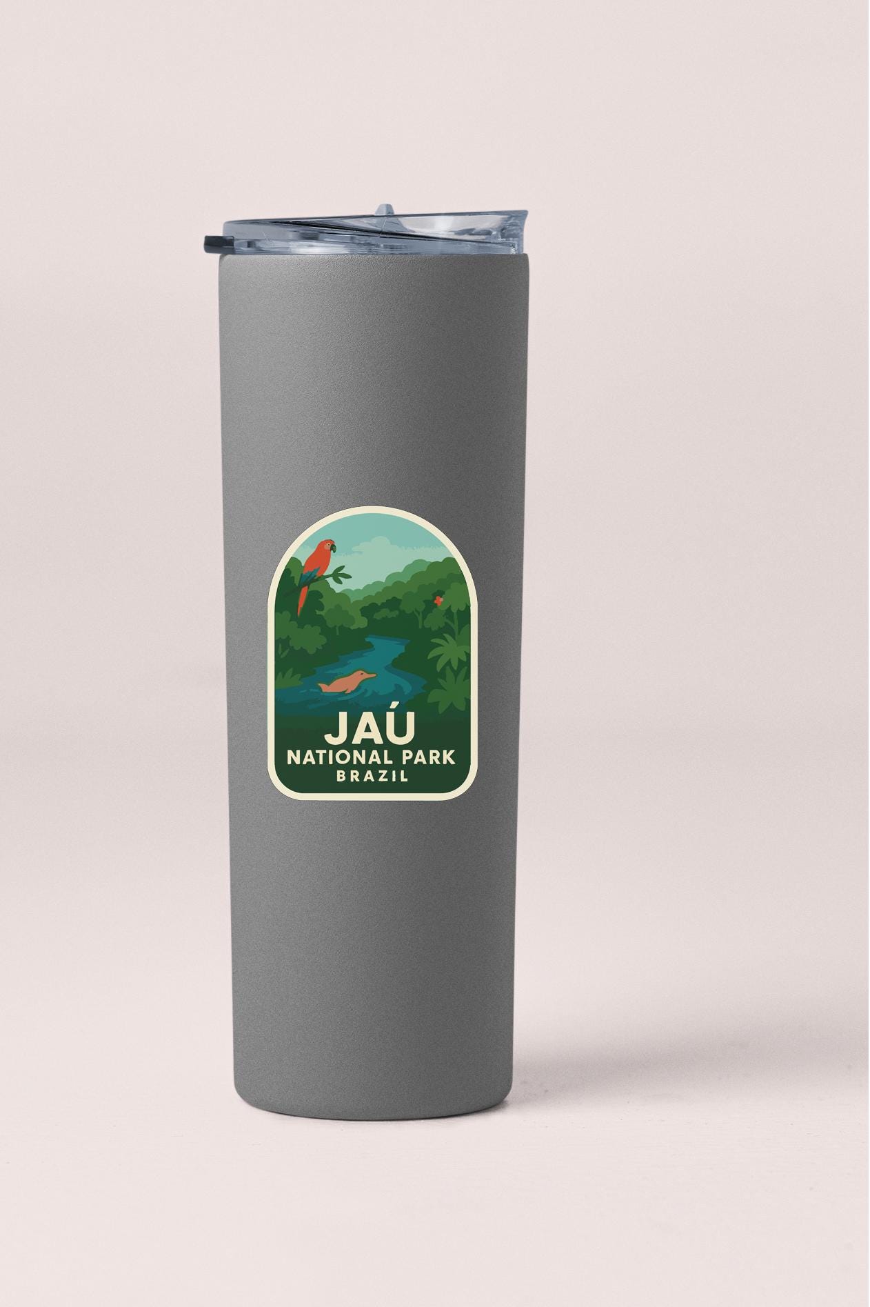 A gray tumbler with a label that says "Jau National Park Brazil".