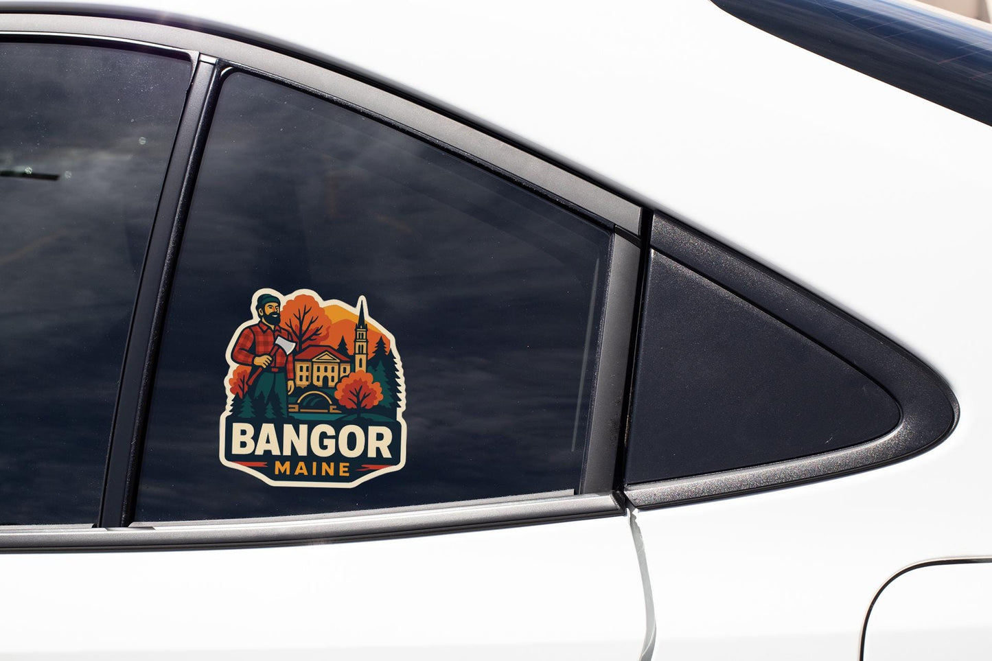 A sticker on the side of a car window that says "BANGOR Maine".