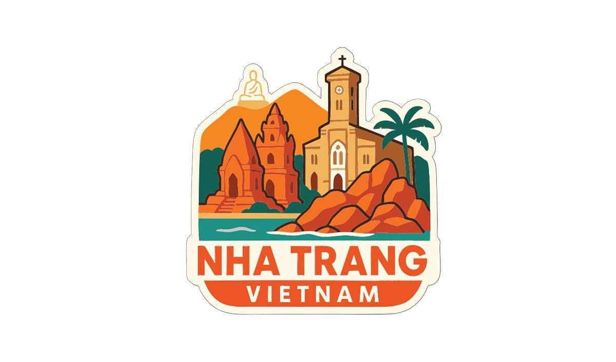 The image is a sticker or emblem featuring various landmarks and buildings in Vietnam, including a church, a temple, and a mountain.
