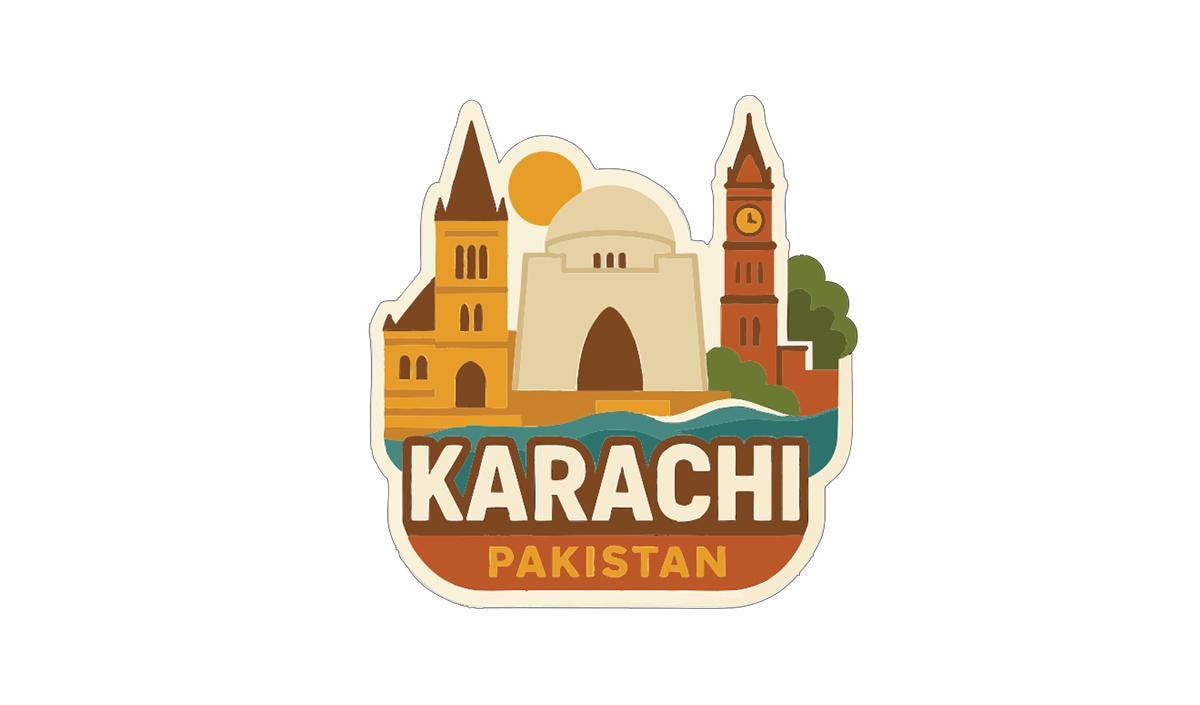A sticker or emblem featuring the skyline of Karachi, Pakistan, with iconic landmarks such as the Mughal Fort, Clock Tower, and the Pakistan Mosque.