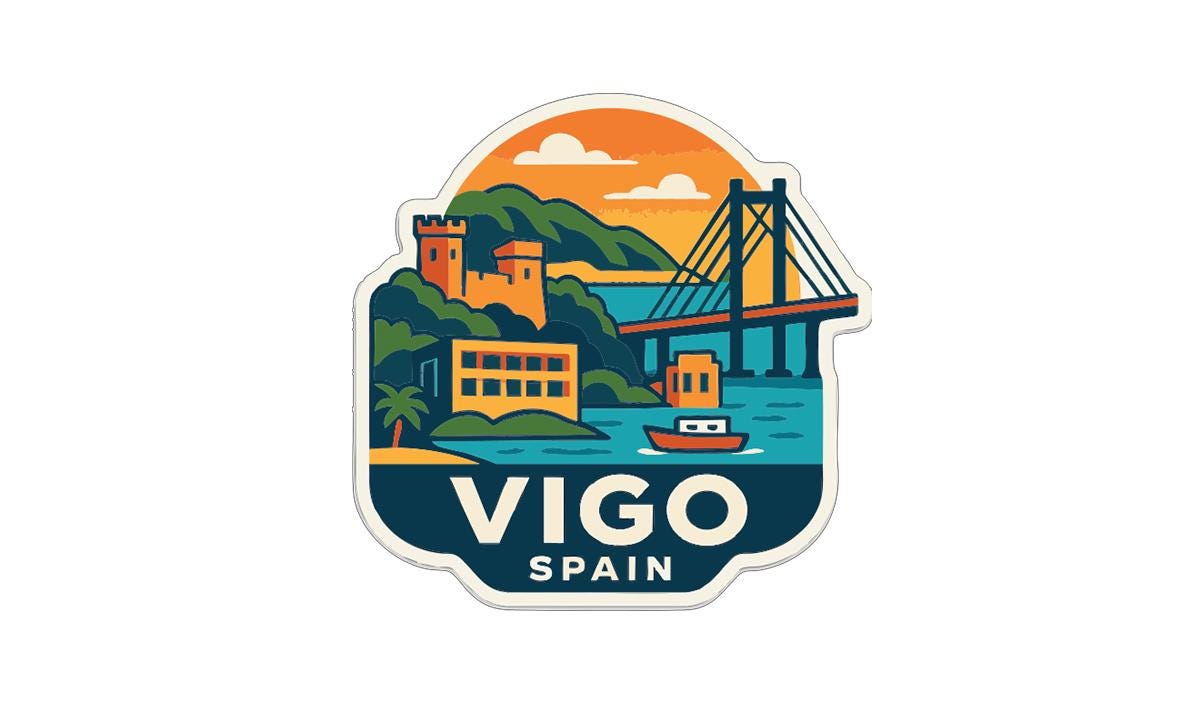 a sticker or emblem with a colorful illustration of a coastal town, a bridge, and a boat, along with the text "VIGO SPAIN" prominently displayed.