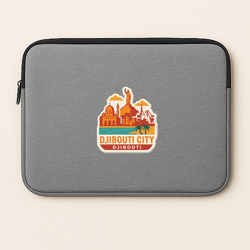 A gray laptop sleeve with a sticker depicting the Djibouti City skyline.