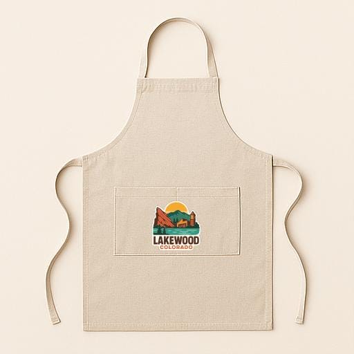 A beige apricot with a graphic of Lakewood, Colorado, printed on it.