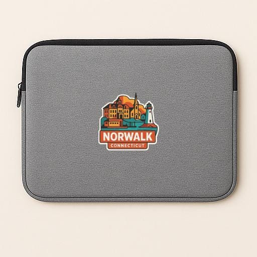 A gray laptop sleeve with a colorful graphic of a cityscape and the text "NORWALK CONNECTICUT" printed on it.