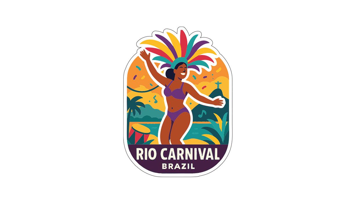 A colorful illustration of a woman in a bikini and a headdress, surrounded by tropical foliage and the text "Rio Carnival Brazil".
