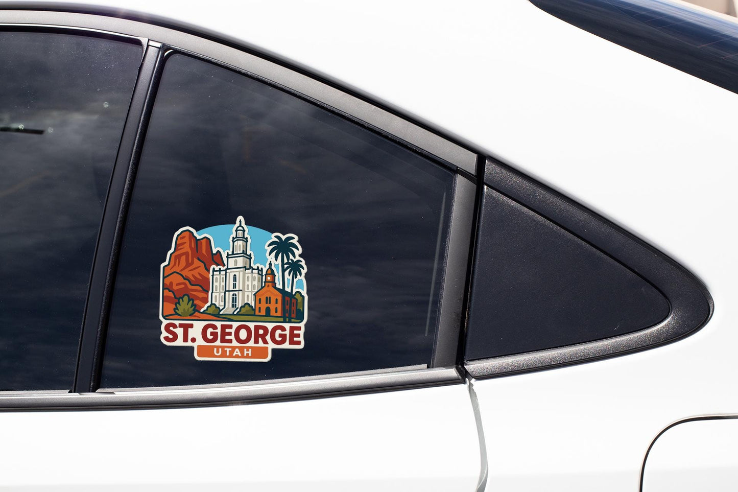 A sticker on the side of a car window, depicting the city of St. George, Utah.