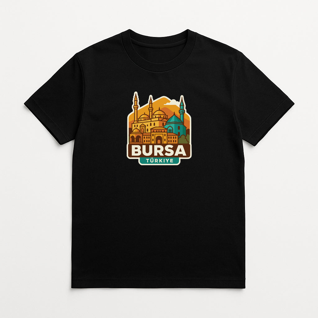 A black t-shirt with a graphic design depicting the skyline of Istanbul, Turkey, including the Burma Mosque and other notable landmarks.