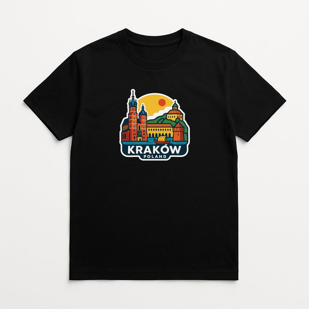 A black t-shirt with a colorful graphic design depicting a city skyline and a sun.