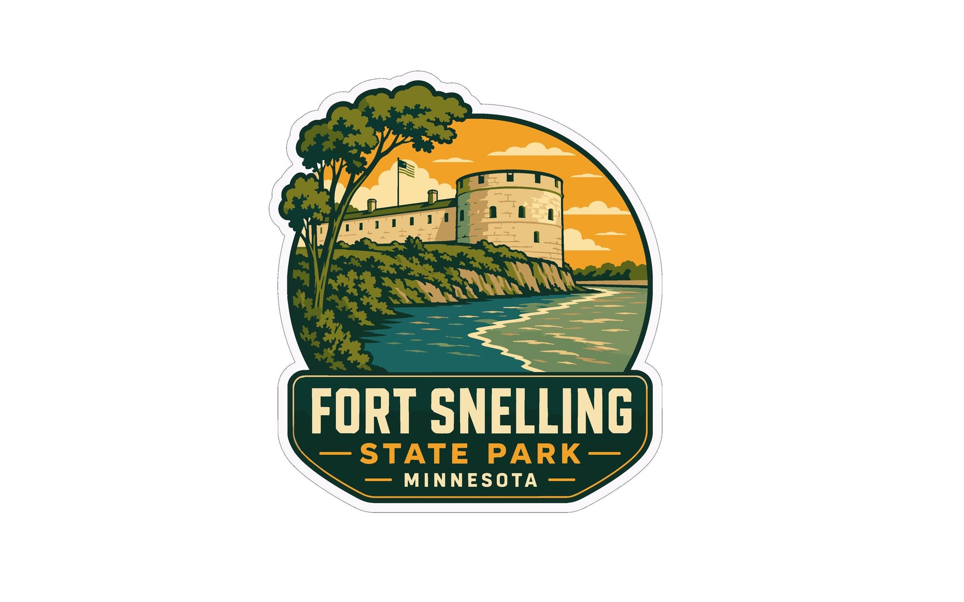 A sticker or emblem featuring a castle or fort on a hill overlooking a body of water, with the text "FORT SNELLING STATE PARK MINNESOTA" prominently displayed.