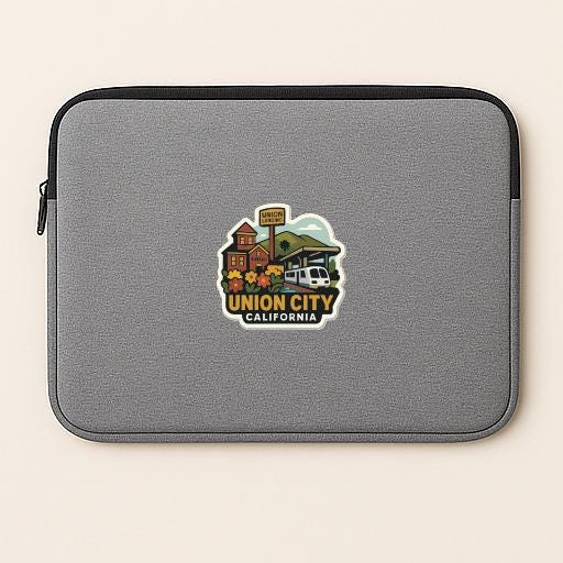 a gray laptop sleeve with a colorful sticker depicting a scenic view of Union City, California.