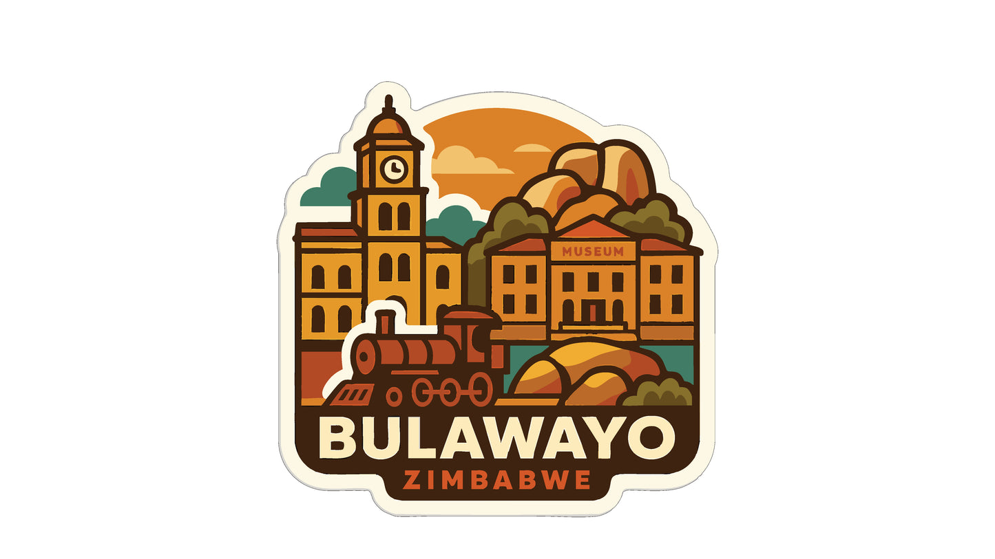 a stylized illustration of Bulawayo, Zimbabwe, with a clock tower, buildings, and a train.