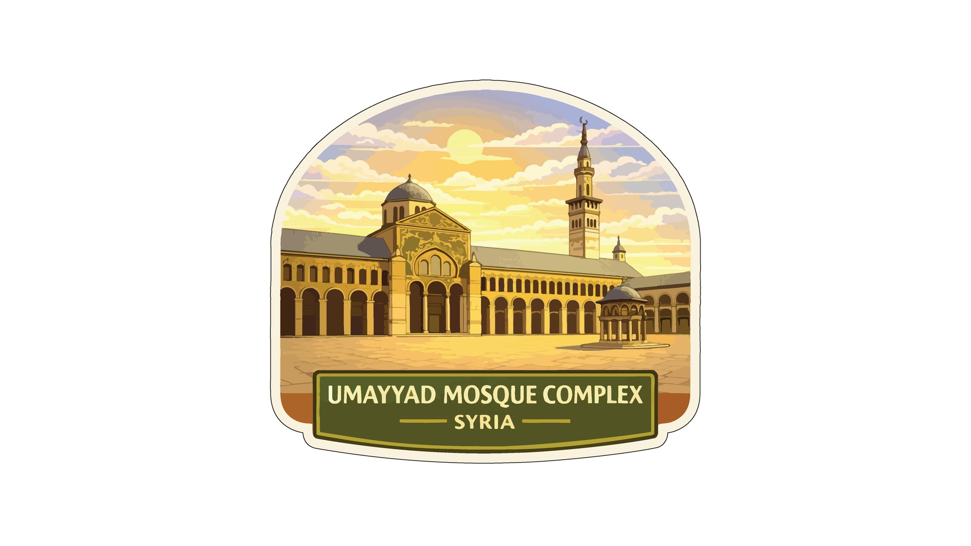 the Umayyad Mosque Complex in Syria, featuring the iconic architecture of the complex against a backdrop of a sunset sky.