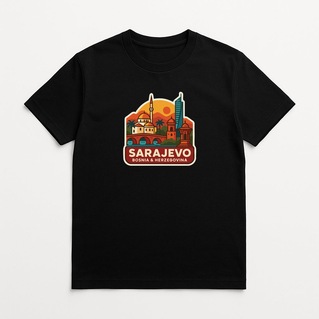 A black t-shirt with a colorful graphic design depicting the city of Sarajevo, Bosnia and Herzegovina.