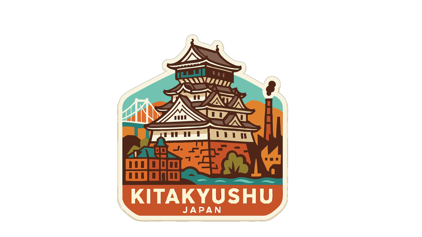 A sticker depicting the historic castle of Kitakyushu, Japan, surrounded by various cityscape elements such as buildings, bridges, and a river.