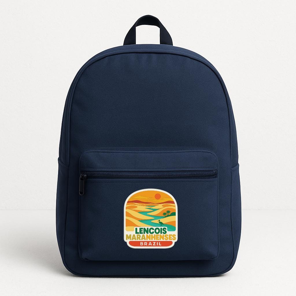 A navy blue backpack with a sticker on the front that says "LENOIS MARANHENES BRASIL".