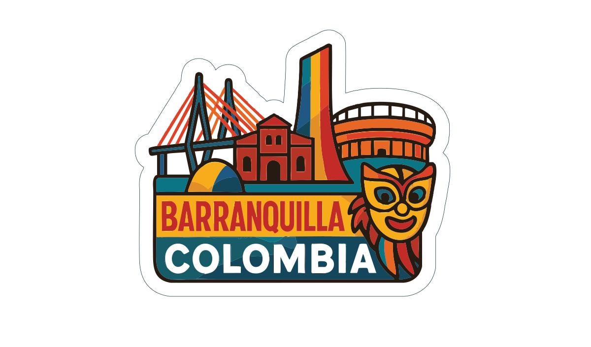 A colorful sticker or logo depicting the city of Barranquilla, Colombia, with various landmarks and symbols.