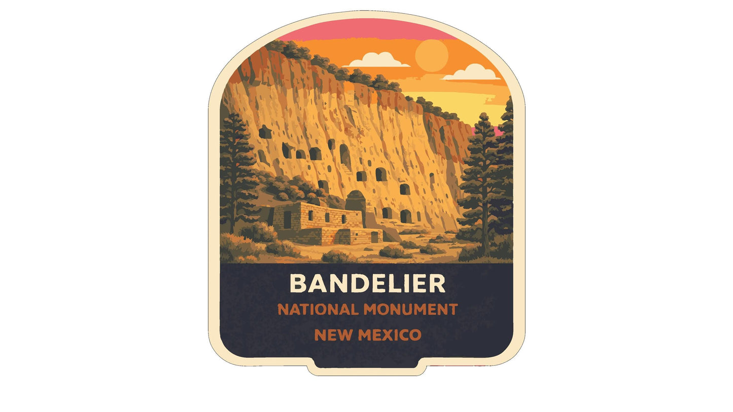 a label or sticker for the National Monument in New Mexico, which is the Bandelier National Monument.
