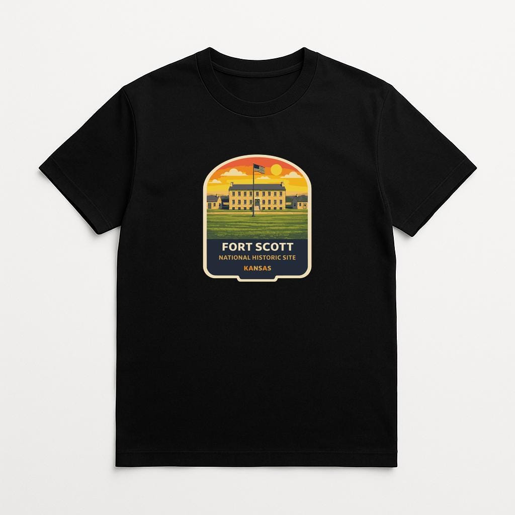 A black t-shirt with a graphic design depicting a building and a sunset.