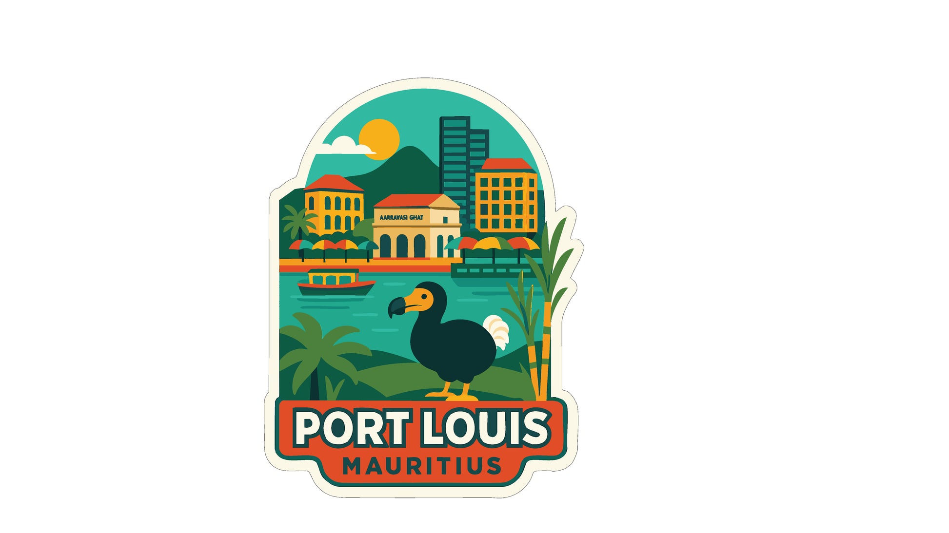 A colorful sticker depicting a cityscape with buildings, palm trees, and a large bird, with the text "PORT LOUIS MAURITIUS" prominently displayed.