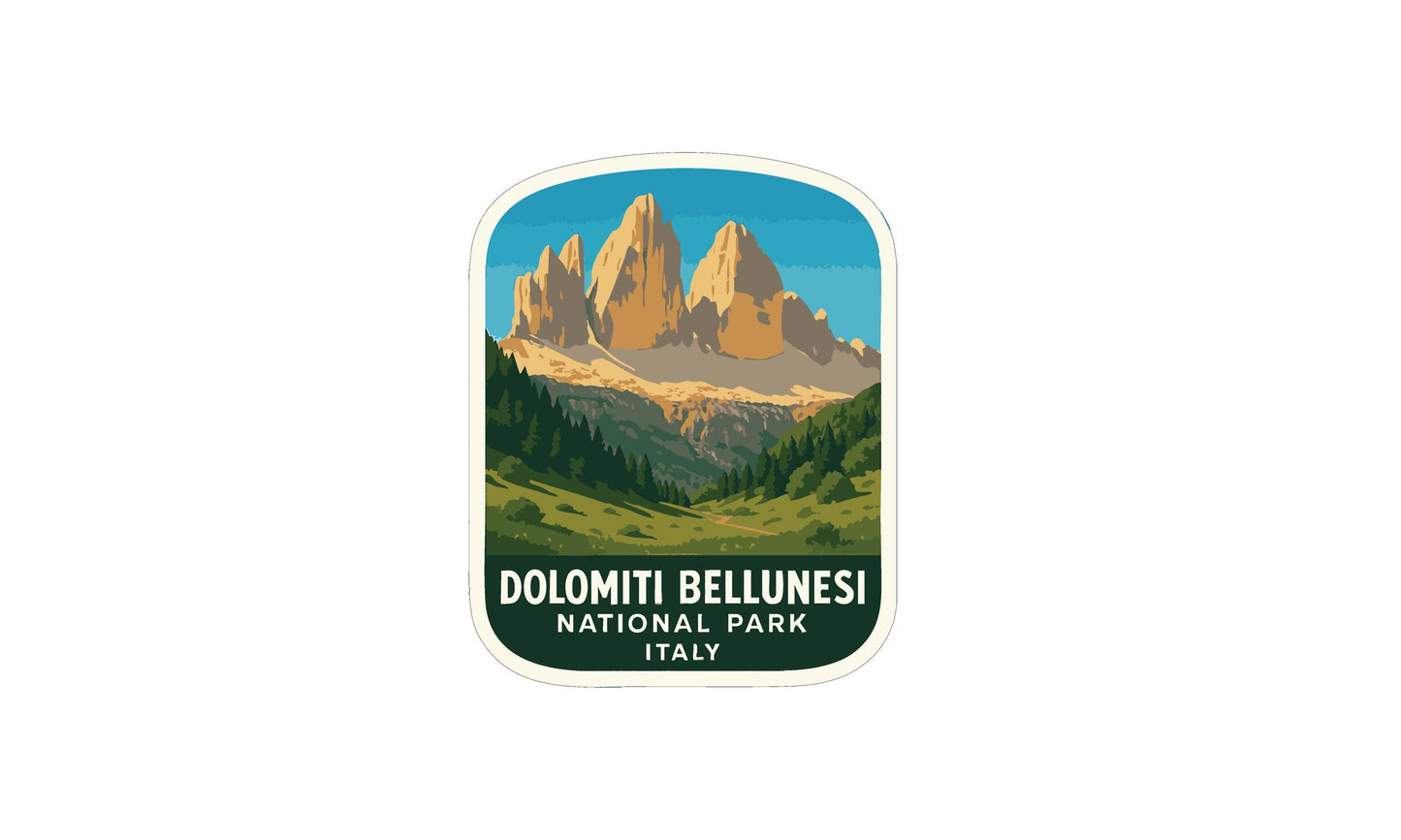 a sticker or label with a mountain landscape and the text "DOLOMITI BELLUNESI NATIONAL PARK ITALY".
