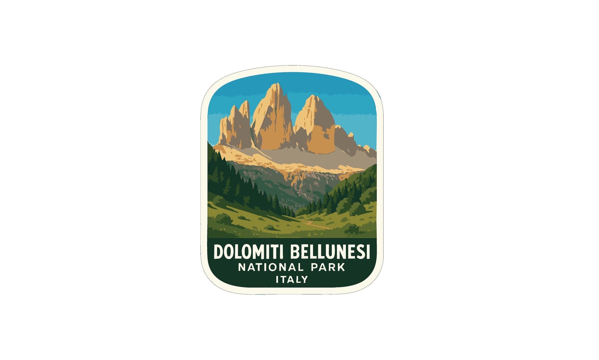 a sticker or label with a mountain landscape and the text "DOLOMITI BELLUNESI NATIONAL PARK ITALY".