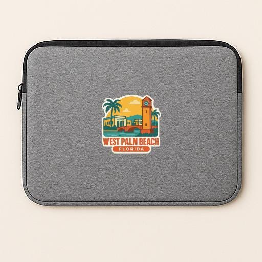 A gray laptop sleeve with a graphic design depicting a tropical beach scene, including palm trees, a clock tower, and the text "WEST PALM BEACH FLORIDA".
