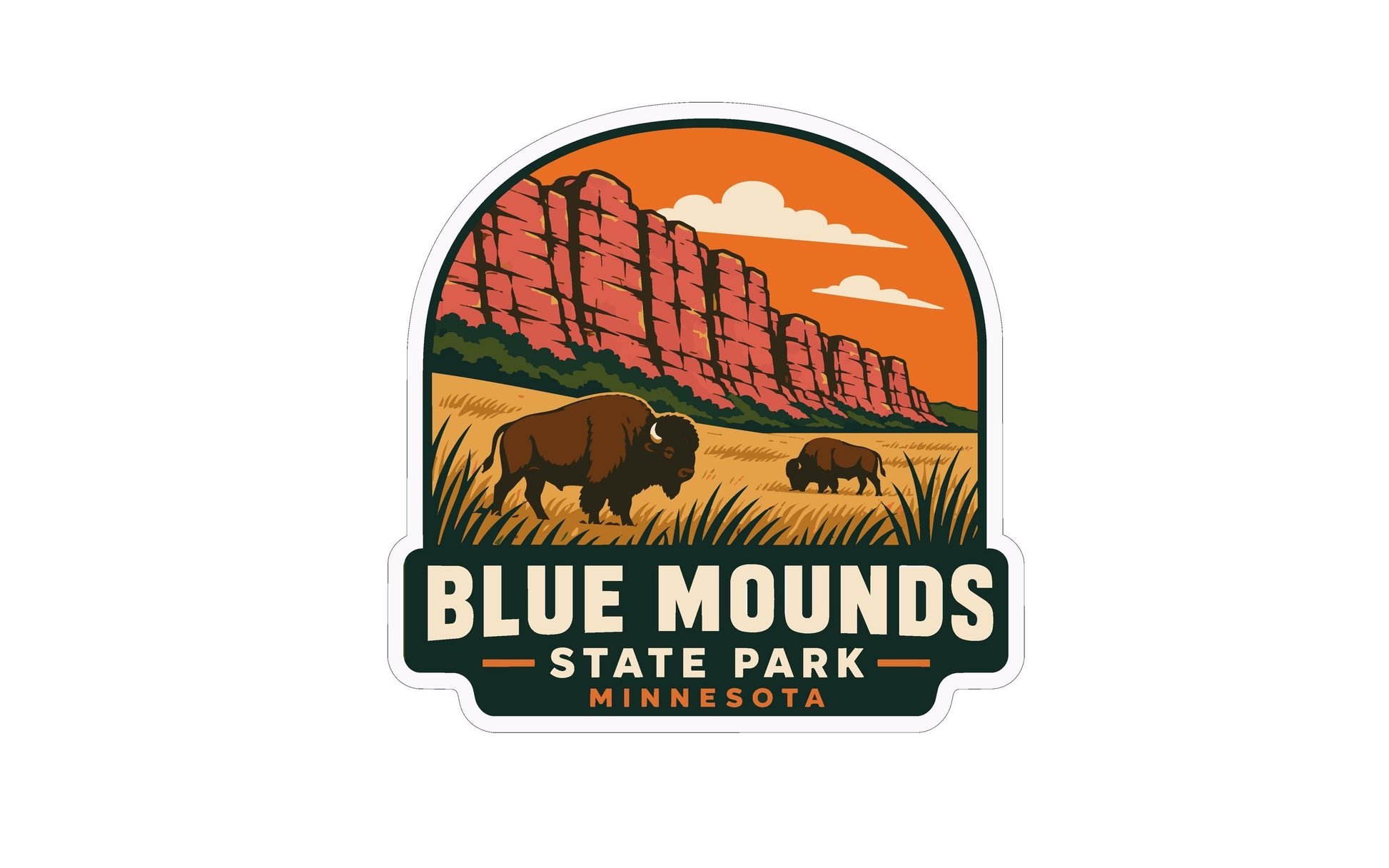 A sticker or emblem featuring a scenic landscape with two bison grazing in the foreground, set against a backdrop of red rock formations and a cloudy sky. The text "BLUE MOUNDS STATE PARK MINNESOTA" is prominently displayed, indicating the location of the landmark.
