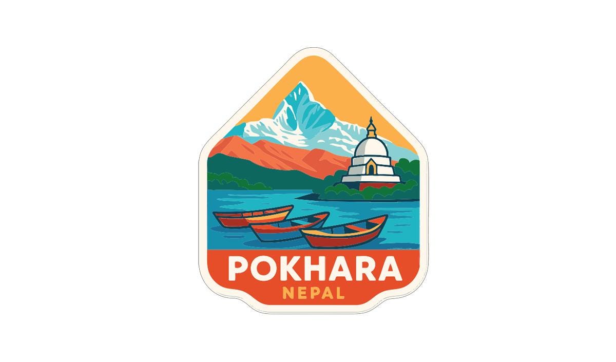 a sticker or emblem with a mountain landscape, boats, and a temple, representing the location of Pokhara, Nepal.