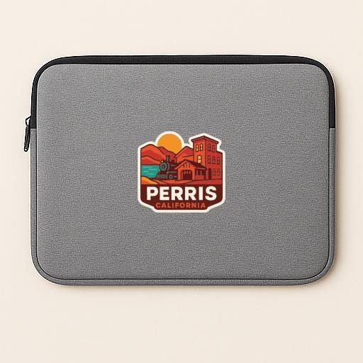 A gray laptop sleeve with a colorful graphic of a cityscape and the text "PERRIS CALIFORNIA" printed on it.