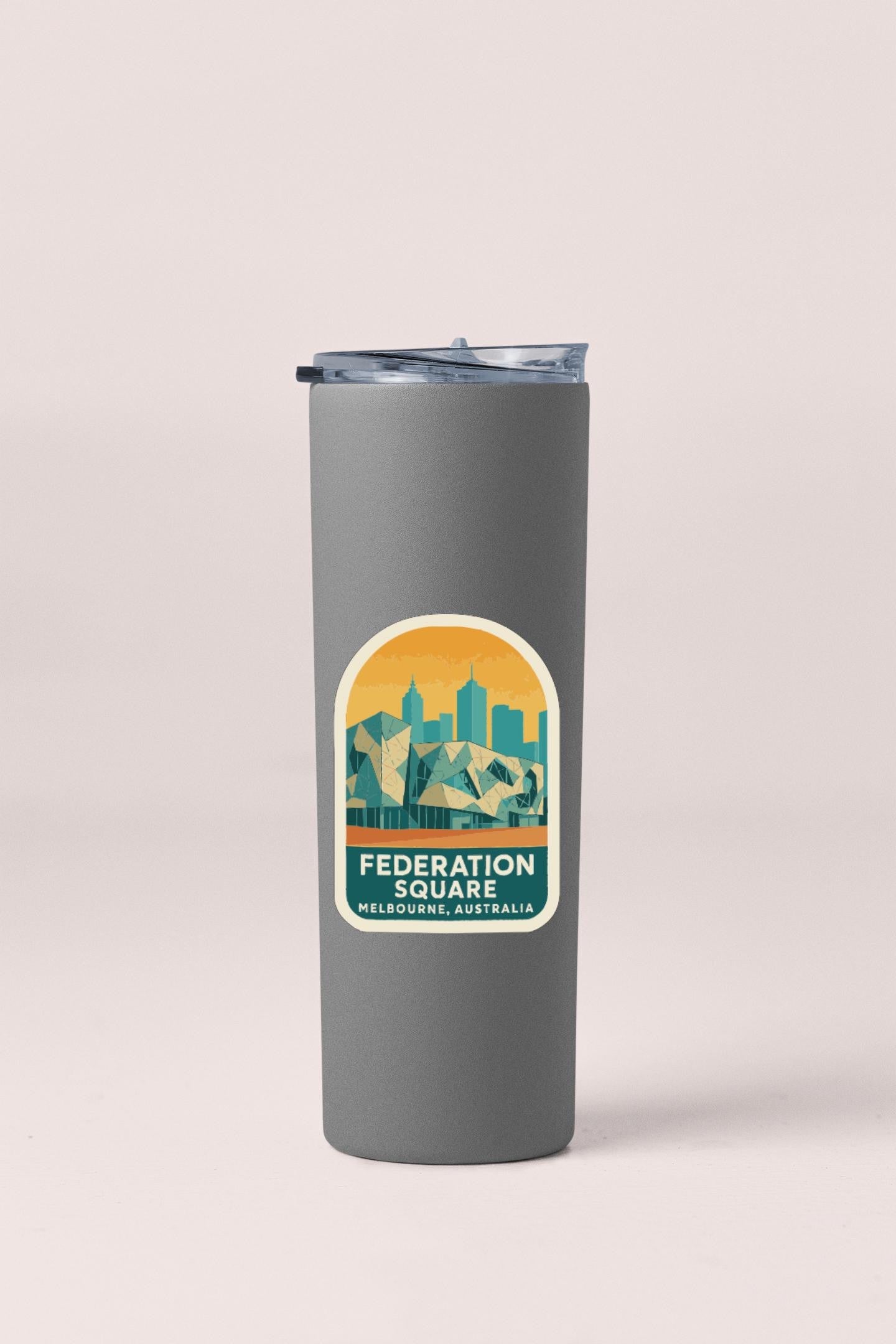 A gray cylindrical thermos with a label that says "FEDERATION SQUARE MELBOURNE, AUSTRALIA".