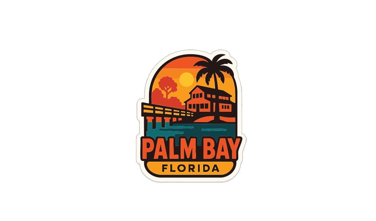 A sticker depicting a tropical beach scene with a palm tree, a house, and a pier, along with the text "Palm Bay, Florida".