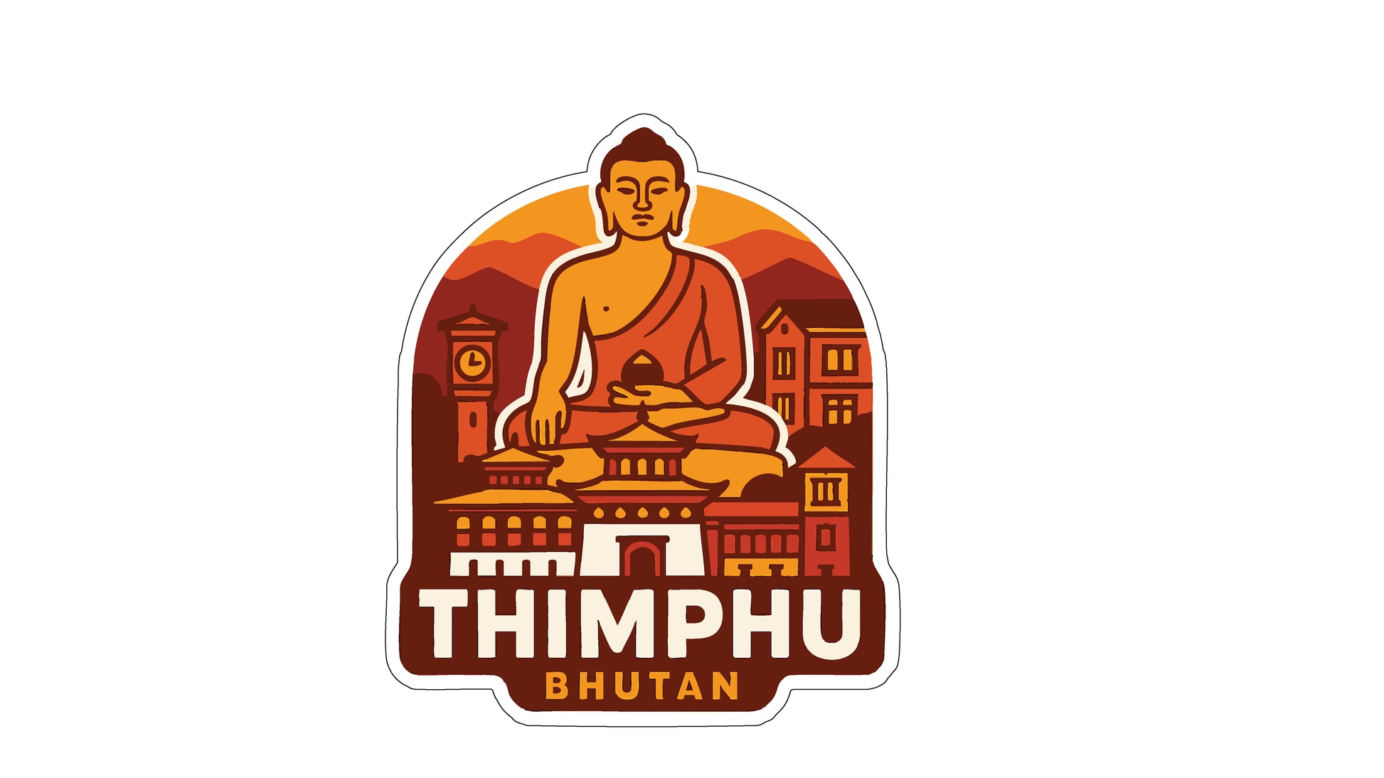 a stylized illustration of a Buddha statue surrounded by a cityscape, with the text "THIMPHU Bhutan" prominently displayed.