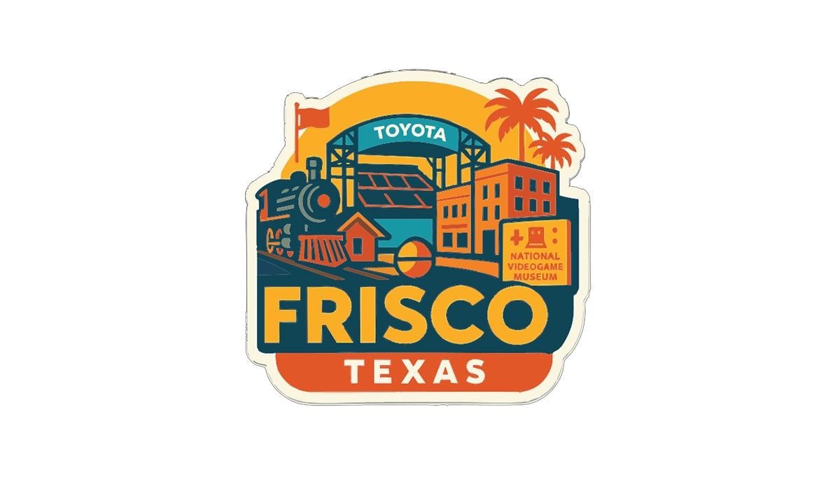 A sticker or emblem featuring the city of Frisco, Texas, with various elements such as a train, palm trees, and buildings.