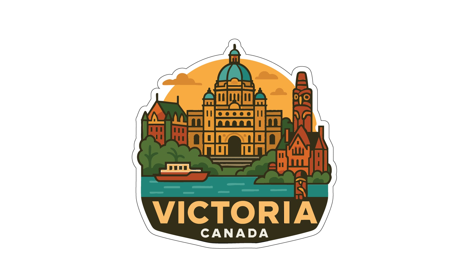 A stylized illustration of the city of Victoria, Canada, featuring the iconic Victoria Cathedral and surrounding buildings.