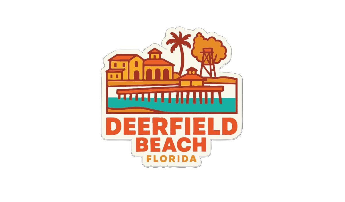 A sticker depicting a coastal scene with a pier, palm trees, and buildings, along with the text "DEERFIELD BEACH, FLORIDA".